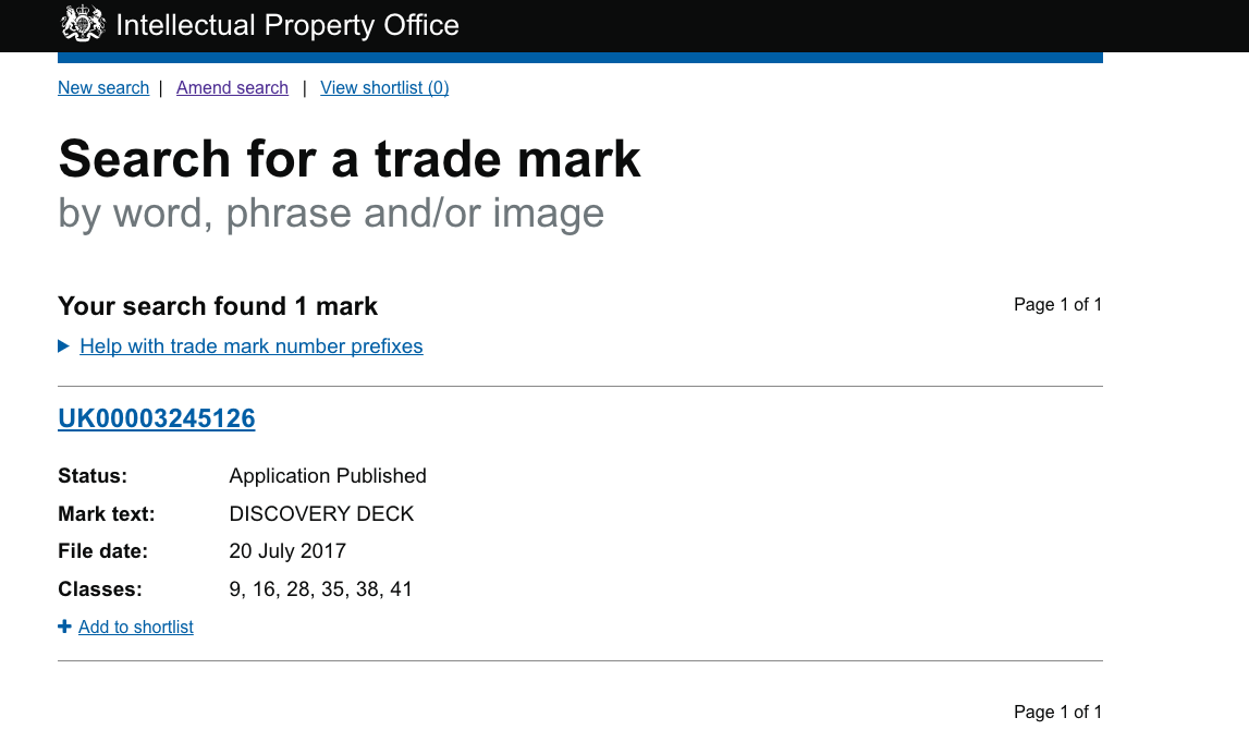 discovery deck trade mark application